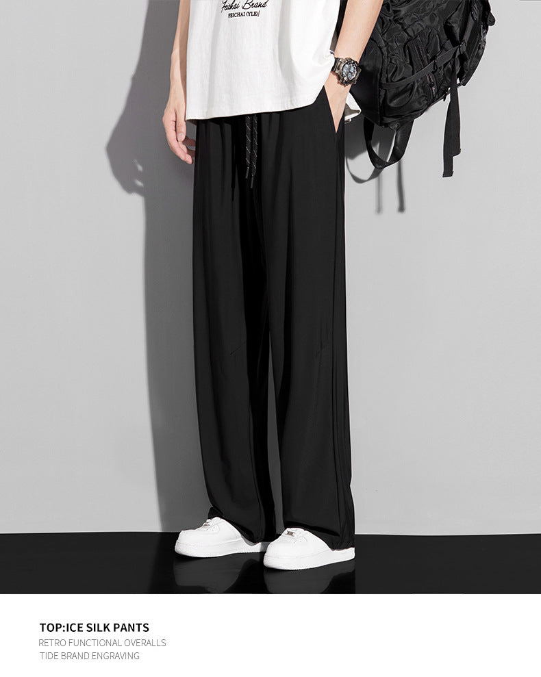Men's summer ice silk trousers, thin breathable straight-leg casual pants, high-elastic quick-dry air conditioning pants sun-proof sports trousers
