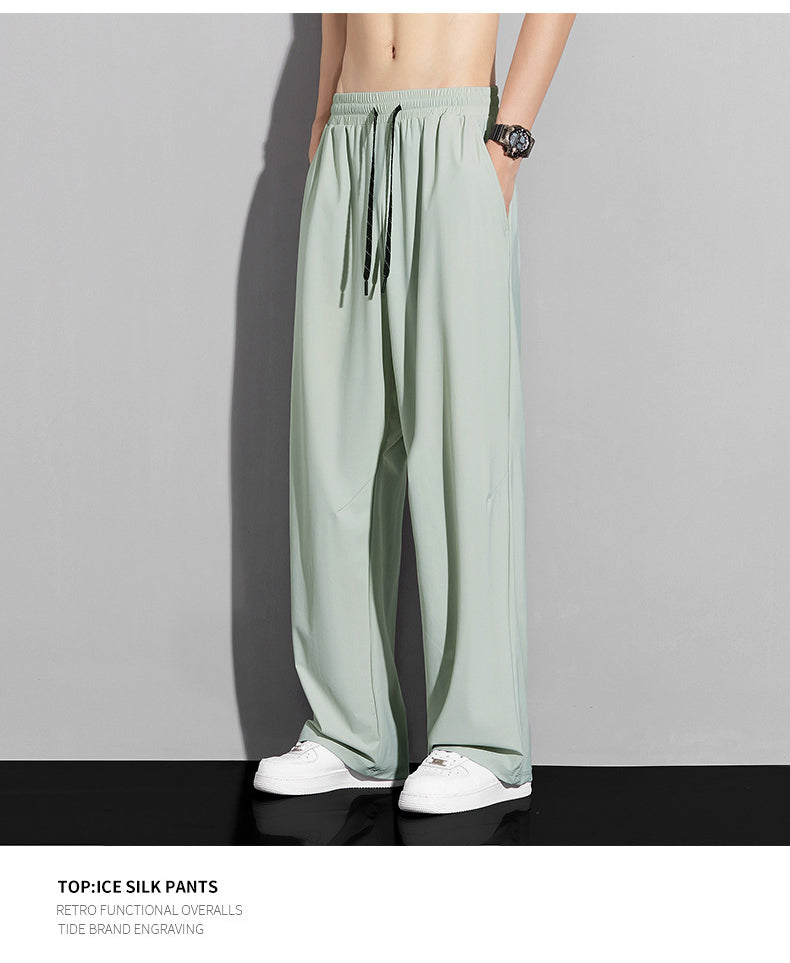 Men's summer ice silk trousers, thin breathable straight-leg casual pants, high-elastic quick-dry air conditioning pants sun-proof sports trousers