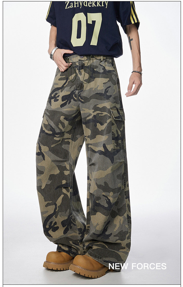 Men's American Vintage Camouflage Work Pants Pure Cotton High Street Hip Hop Loose Straight Leg Floor-Length Draped Casual Pants