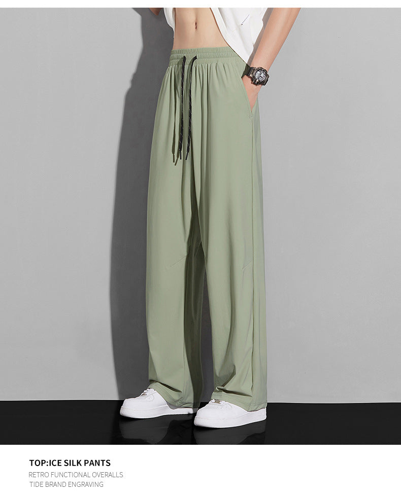 Men's summer ice silk trousers, thin breathable straight-leg casual pants, high-elastic quick-dry air conditioning pants sun-proof sports trousers