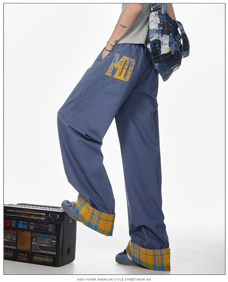 Vintage embroidered rolled edge plaid casual pants for men, pure cotton brand American cool breathable pants, summer casual wear, street trend suitable for teenagers.