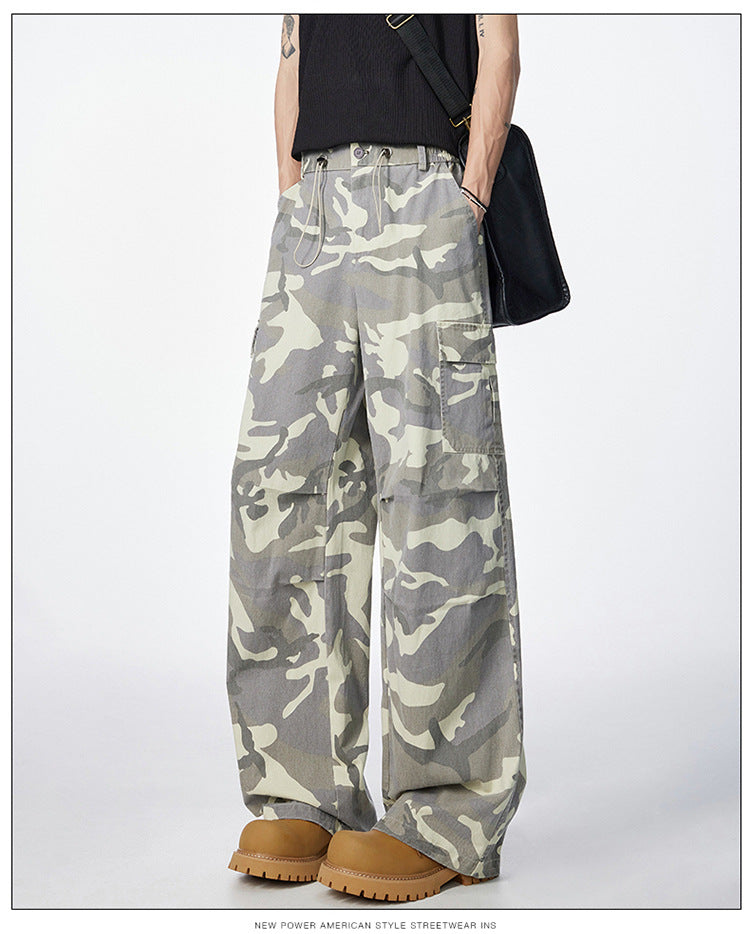 Men's American Vintage Camouflage Work Pants Pure Cotton High Street Hip Hop Loose Straight Leg Floor-Length Draped Casual Pants