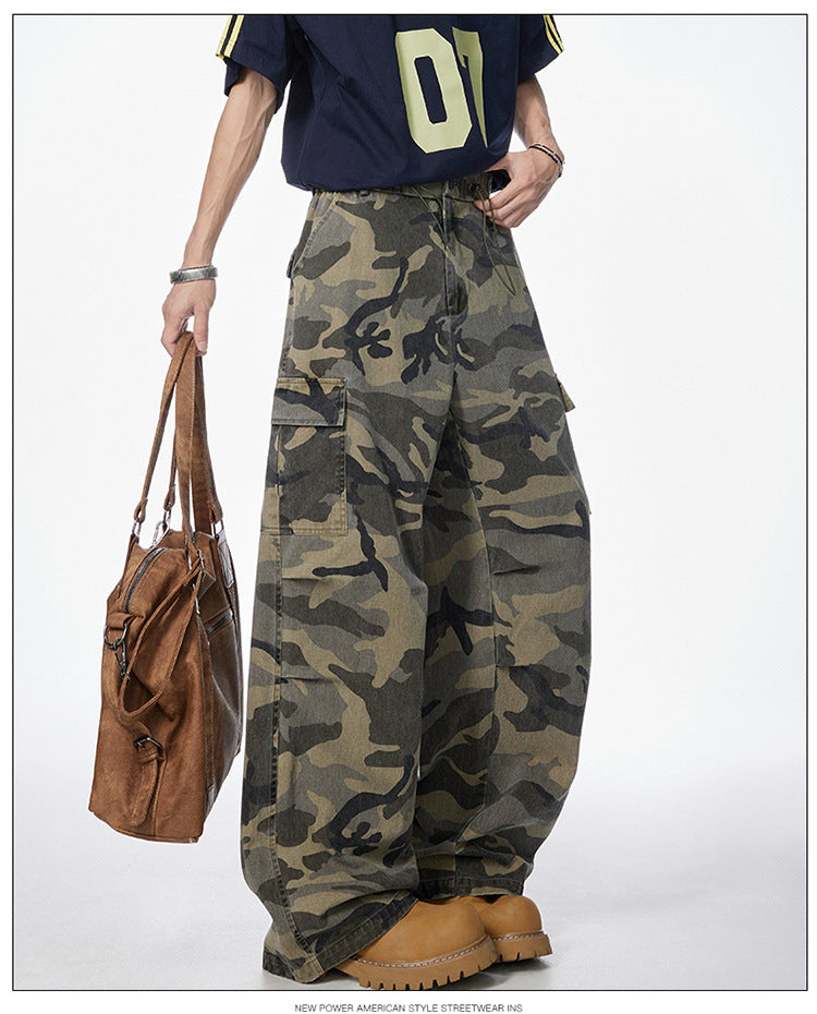 Men's American Vintage Camouflage Work Pants Pure Cotton High Street Hip Hop Loose Straight Leg Floor-Length Draped Casual Pants