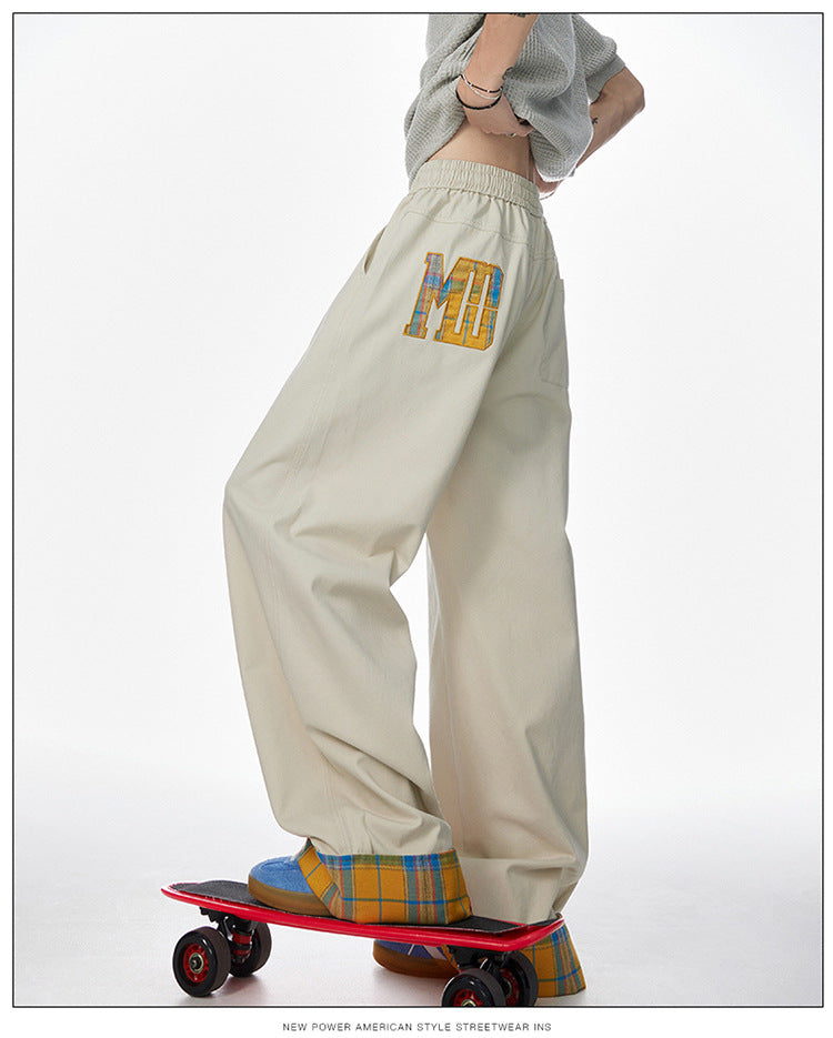 Vintage embroidered rolled edge plaid casual pants for men, pure cotton brand American cool breathable pants, summer casual wear, street trend suitable for teenagers.