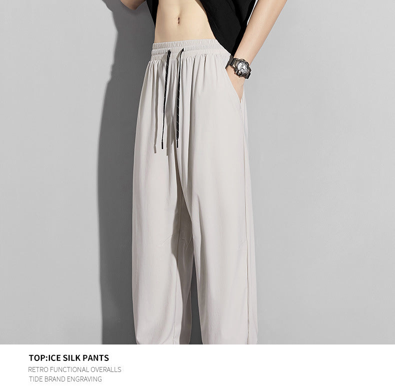Men's summer ice silk trousers, thin breathable straight-leg casual pants, high-elastic quick-dry air conditioning pants sun-proof sports trousers