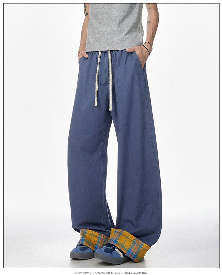 Vintage embroidered rolled edge plaid casual pants for men, pure cotton brand American cool breathable pants, summer casual wear, street trend suitable for teenagers.
