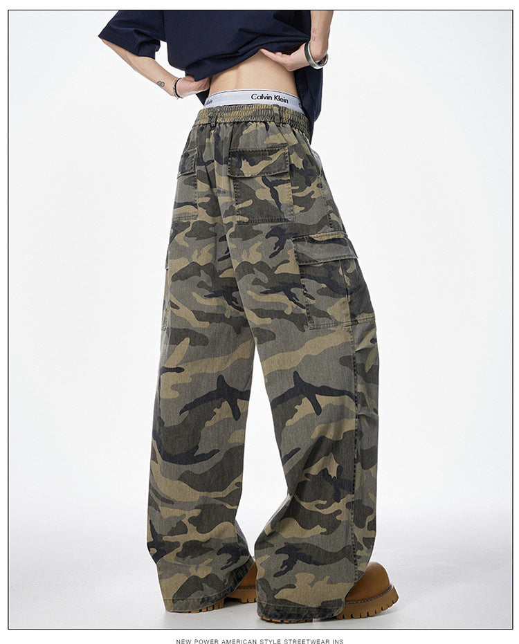 Men's American Vintage Camouflage Work Pants Pure Cotton High Street Hip Hop Loose Straight Leg Floor-Length Draped Casual Pants