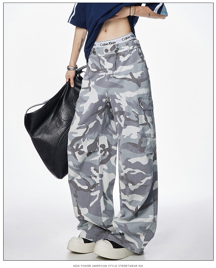 Men's American Vintage Camouflage Work Pants Pure Cotton High Street Hip Hop Loose Straight Leg Floor-Length Draped Casual Pants