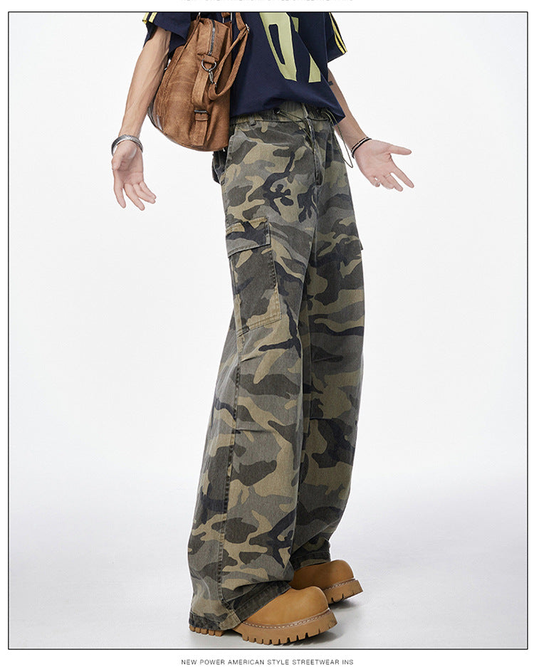 Men's American Vintage Camouflage Work Pants Pure Cotton High Street Hip Hop Loose Straight Leg Floor-Length Draped Casual Pants