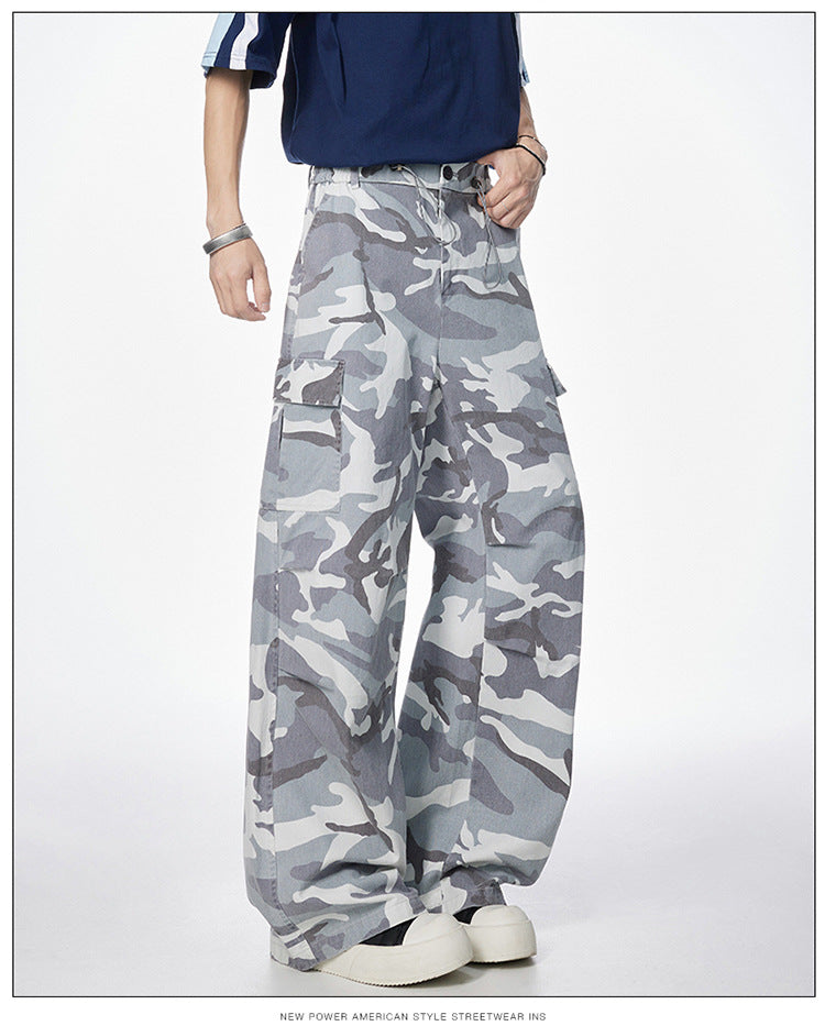 Men's American Vintage Camouflage Work Pants Pure Cotton High Street Hip Hop Loose Straight Leg Floor-Length Draped Casual Pants