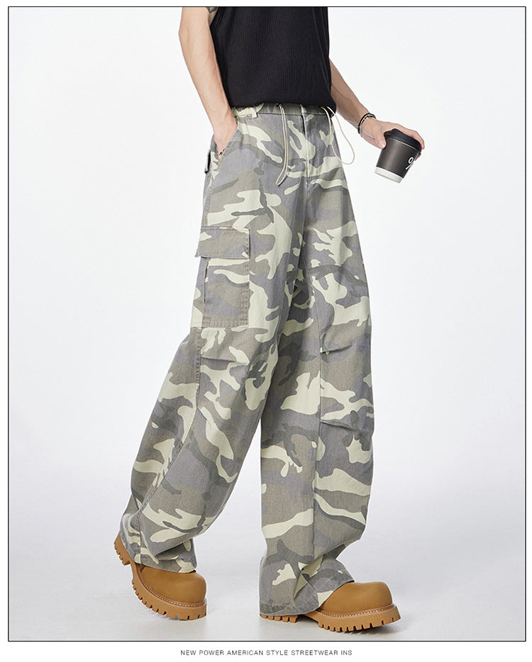 Men's American Vintage Camouflage Work Pants Pure Cotton High Street Hip Hop Loose Straight Leg Floor-Length Draped Casual Pants