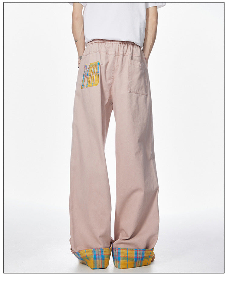 Vintage embroidered rolled edge plaid casual pants for men, pure cotton brand American cool breathable pants, summer casual wear, street trend suitable for teenagers.
