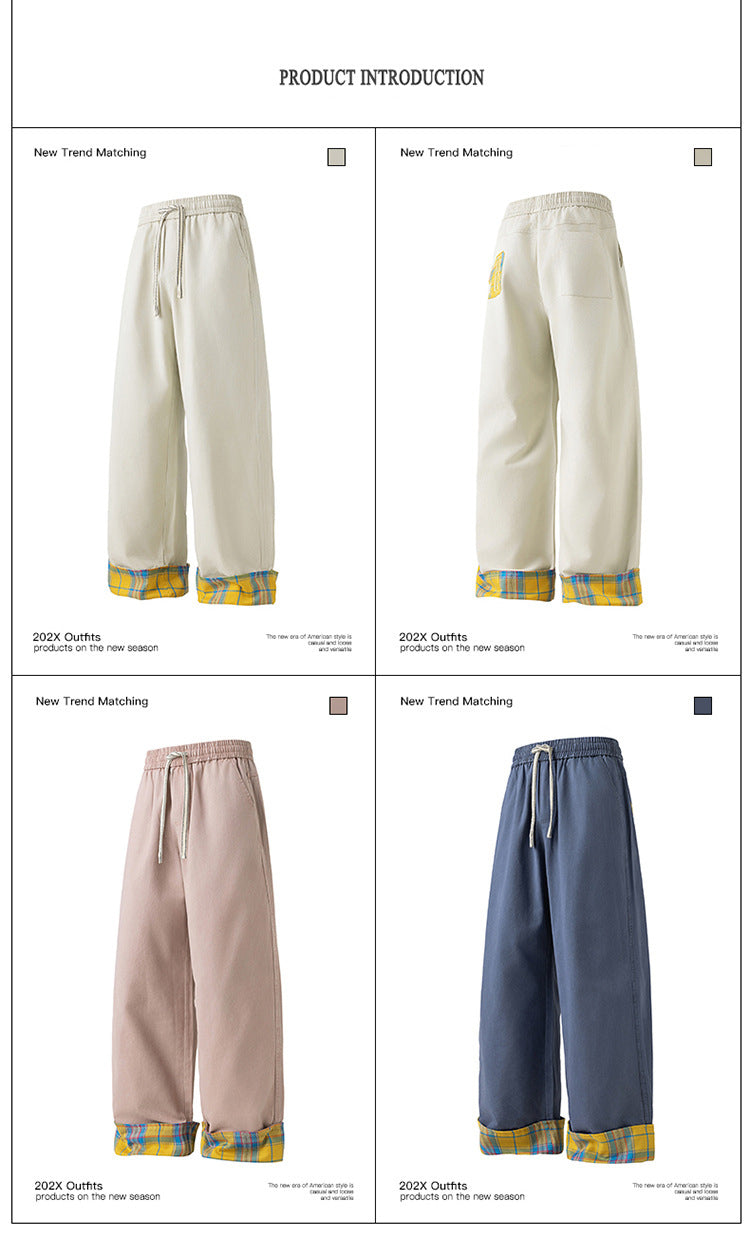 Vintage embroidered rolled edge plaid casual pants for men, pure cotton brand American cool breathable pants, summer casual wear, street trend suitable for teenagers.