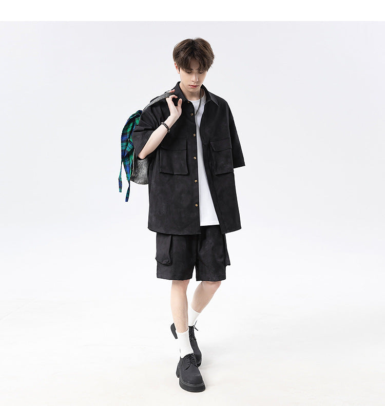 Shazha dye short-sleeved shirt with collar shorts two-piece suit for men, American retro loose casual plus size five-point shorts suit