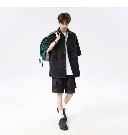 Shazha dye short-sleeved shirt with collar shorts two-piece suit for men, American retro loose casual plus size five-point shorts suit