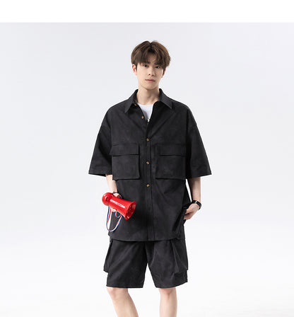 Shazha dye short-sleeved shirt with collar shorts two-piece suit for men, American retro loose casual plus size five-point shorts suit