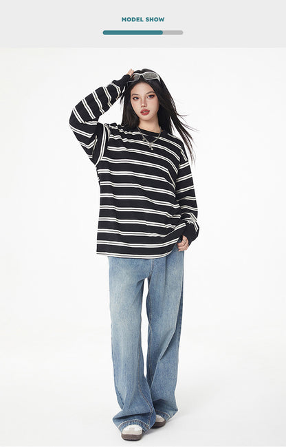 Black and White Striped Long Sleeve T-Shirt Trendy Simple Fashion Base Layer for Couples Loose Top for Basic T Versatile 2025 Hot Style
