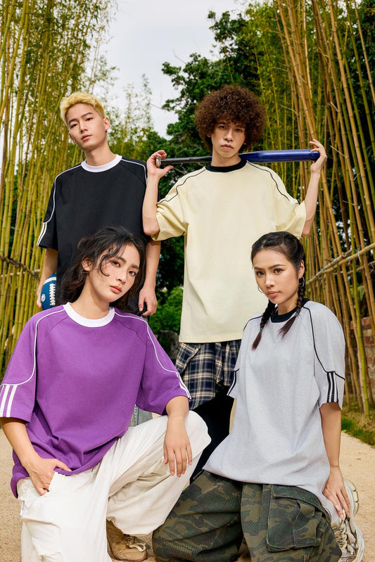 2025 Spring/Summer 240g 32-color contrasting jacquard rope   woven strap pull tab, oversized, halfsleeve, round-neck, casual, streetwear, youth fashion T-shirt.