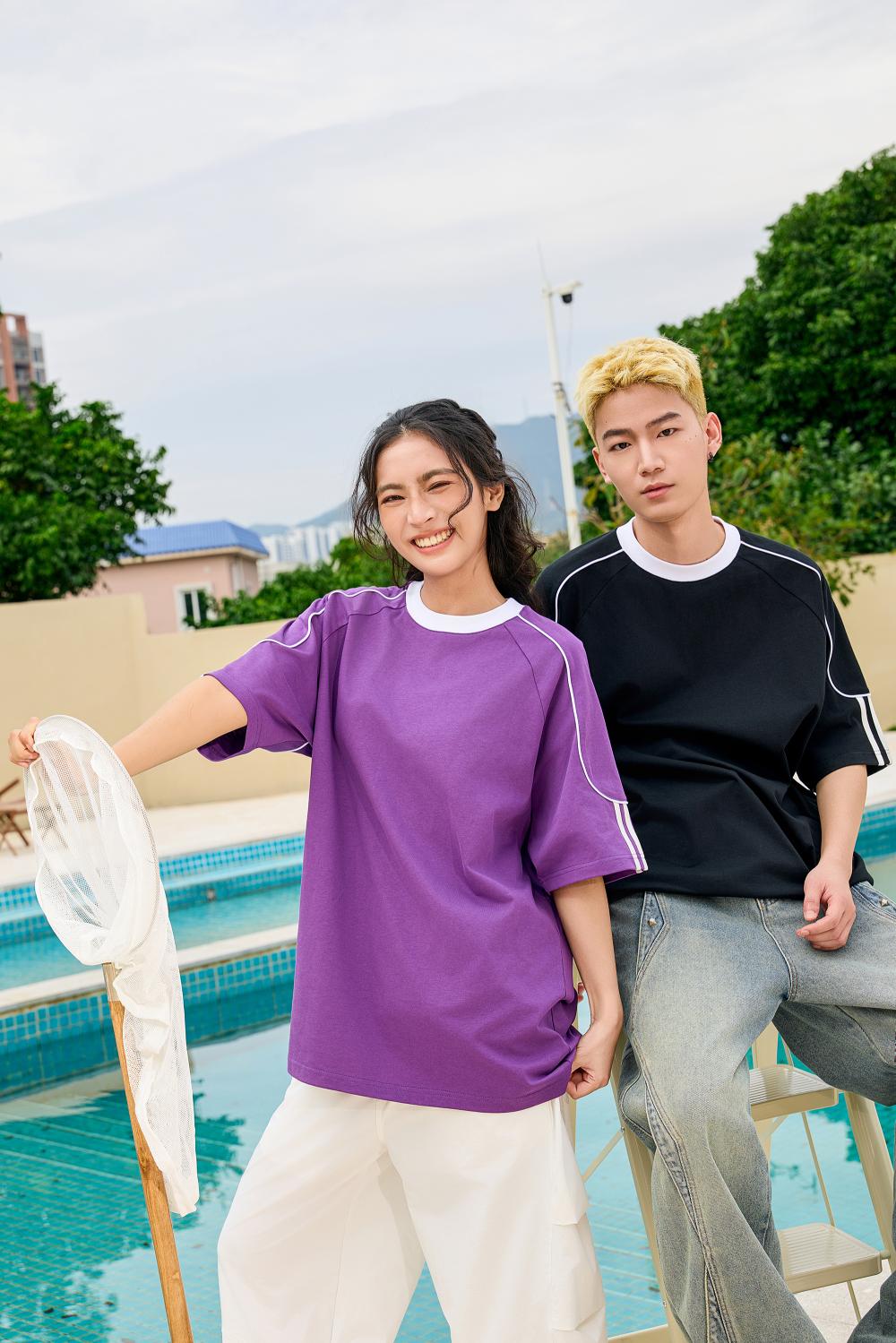 2025 Spring/Summer 240g 32-color contrasting jacquard rope   woven strap pull tab, oversized, halfsleeve, round-neck, casual, streetwear, youth fashion T-shirt.