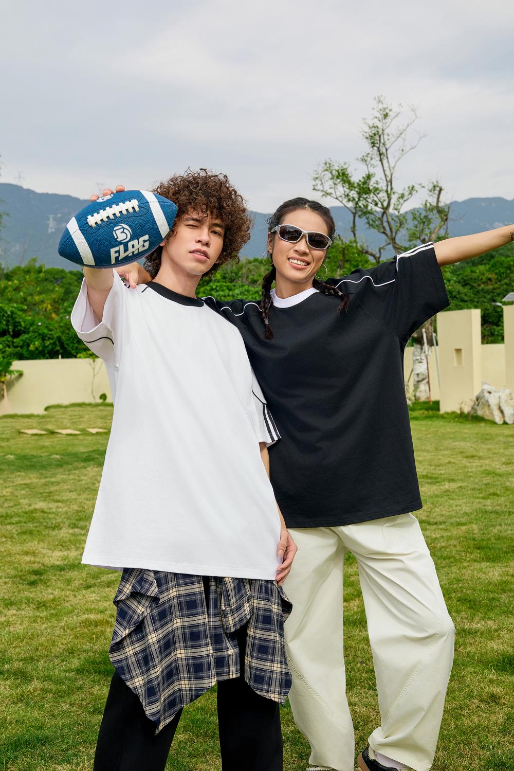 2025 Spring/Summer 240g 32-color contrasting jacquard rope   woven strap pull tab, oversized, halfsleeve, round-neck, casual, streetwear, youth fashion T-shirt.