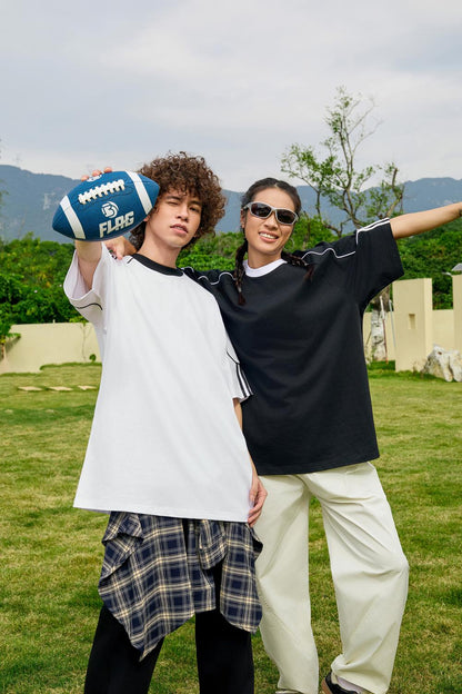 2025 Spring/Summer 240g 32-color contrasting jacquard rope   woven strap pull tab, oversized, halfsleeve, round-neck, casual, streetwear, youth fashion T-shirt.