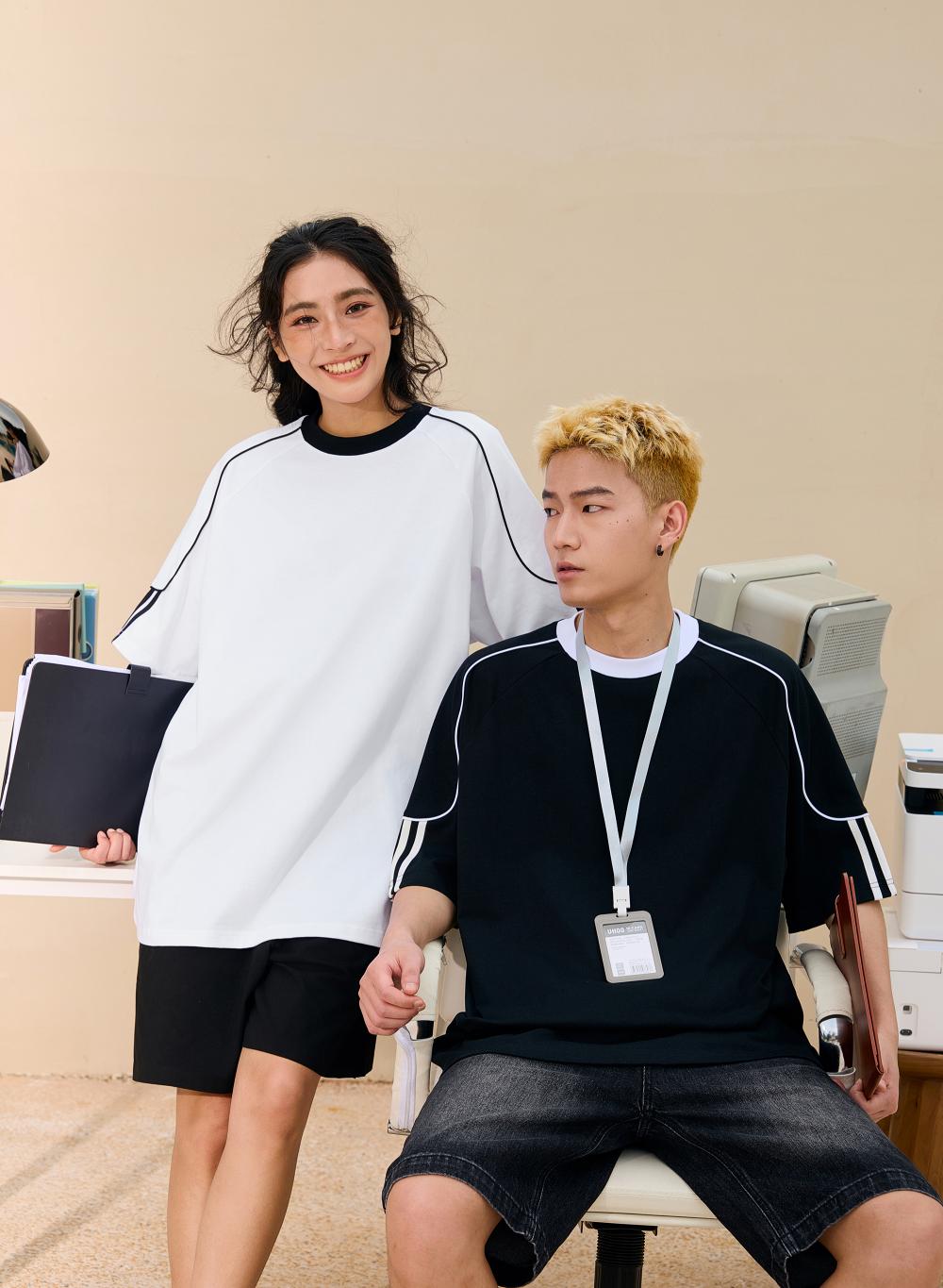2025 Spring/Summer 240g 32-color contrasting jacquard rope   woven strap pull tab, oversized, halfsleeve, round-neck, casual, streetwear, youth fashion T-shirt.
