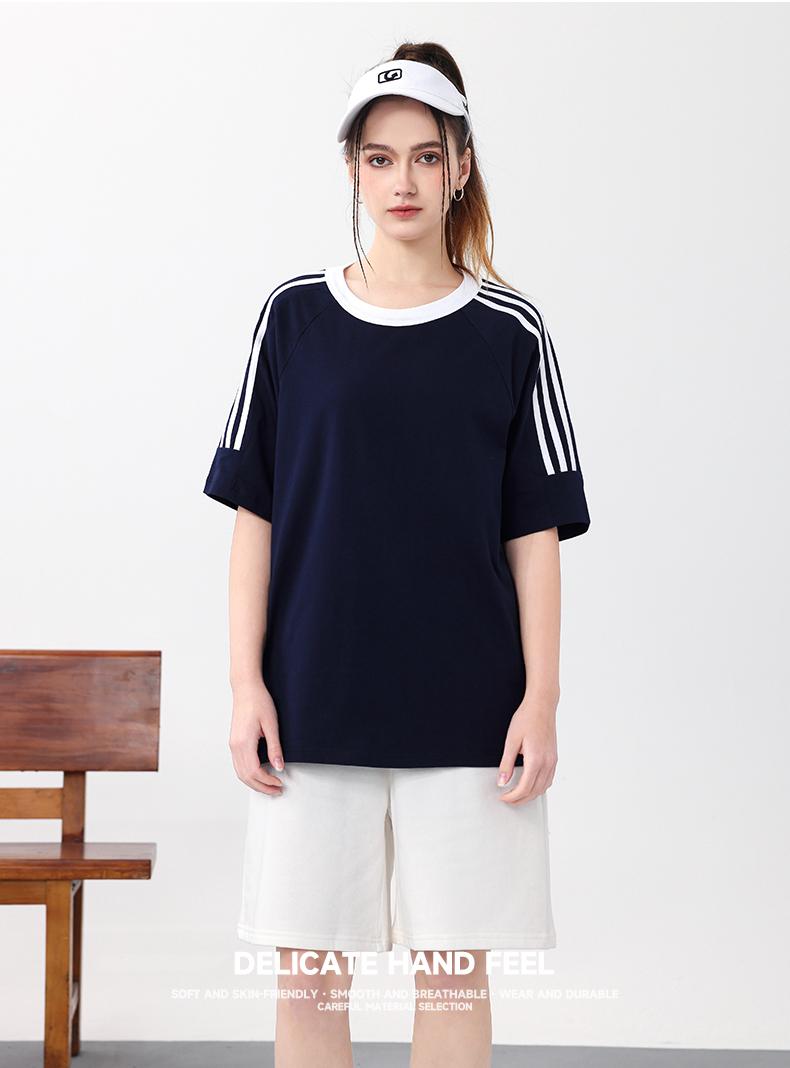 Adult/Child Parent-Child Matching Clothes, Round Neck Short Sleeve 2025 Spring/Summer 200g 00% Pure Cotton Dropped Shoulder Street Trend Three-Bar T-Shirt