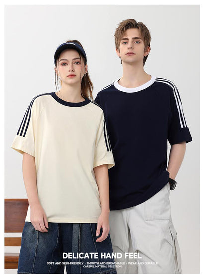 Adult/Child Parent-Child Matching Clothes, Round Neck Short Sleeve 2025 Spring/Summer 200g 00% Pure Cotton Dropped Shoulder Street Trend Three-Bar T-Shirt