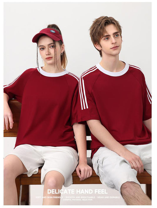 Adult/Child Parent-Child Matching Clothes, Round Neck Short Sleeve 2025 Spring/Summer 200g 00% Pure Cotton Dropped Shoulder Street Trend Three-Bar T-Shirt