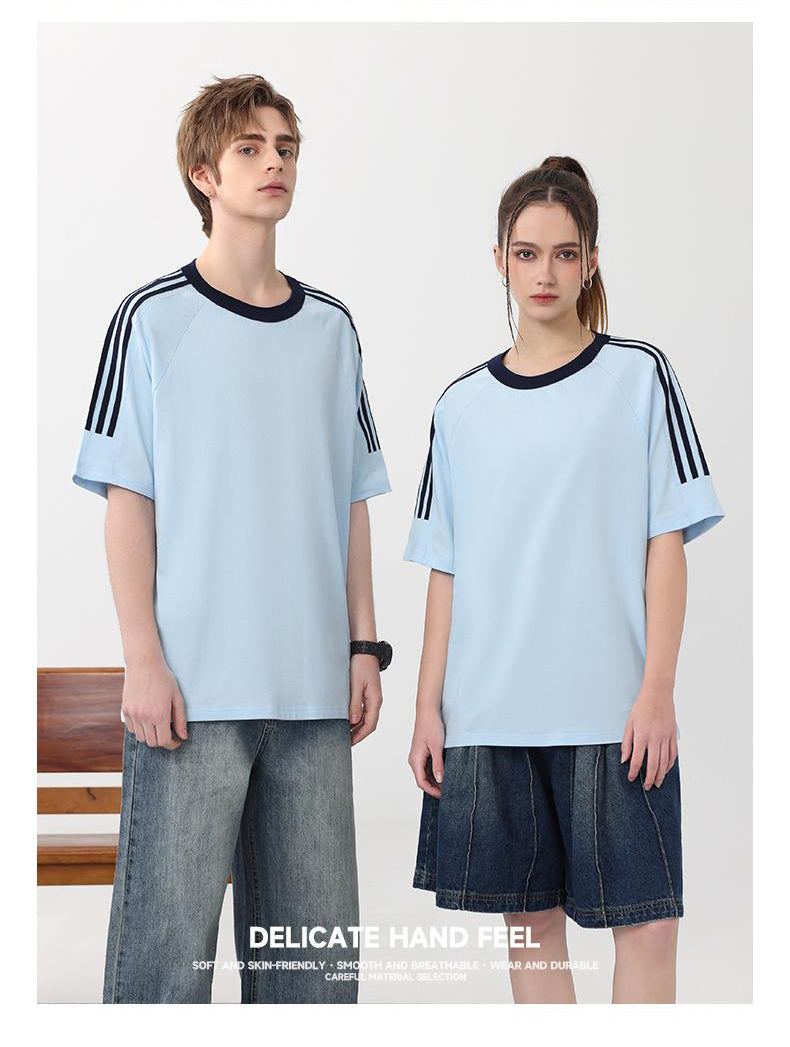 Adult/Child Parent-Child Matching Clothes, Round Neck Short Sleeve 2025 Spring/Summer 200g 00% Pure Cotton Dropped Shoulder Street Trend Three-Bar T-Shirt