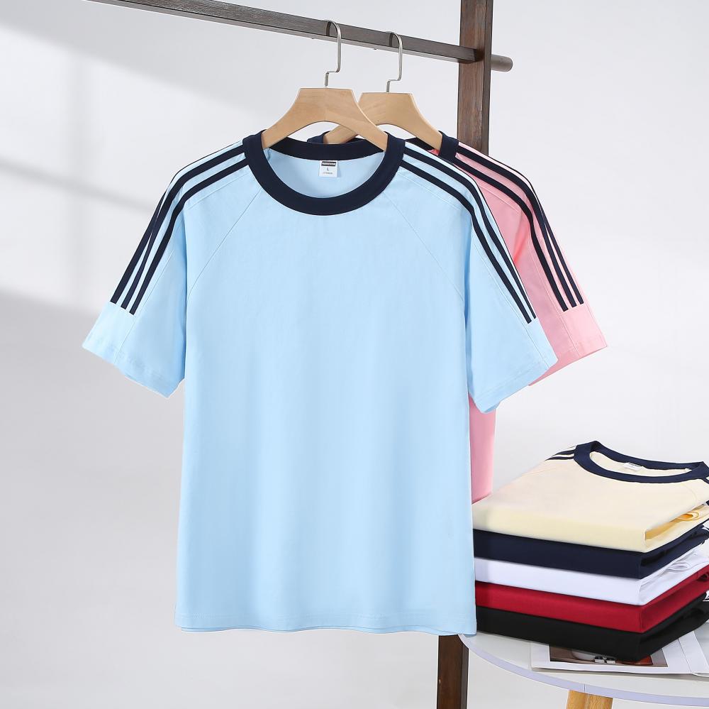 Adult/Child Parent-Child Matching Clothes, Round Neck Short Sleeve 2025 Spring/Summer 200g 00% Pure Cotton Dropped Shoulder Street Trend Three-Bar T-Shirt