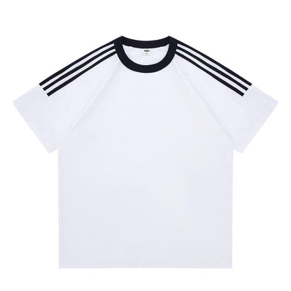 Adult/Child Parent-Child Matching Clothes, Round Neck Short Sleeve 2025 Spring/Summer 200g 00% Pure Cotton Dropped Shoulder Street Trend Three-Bar T-Shirt