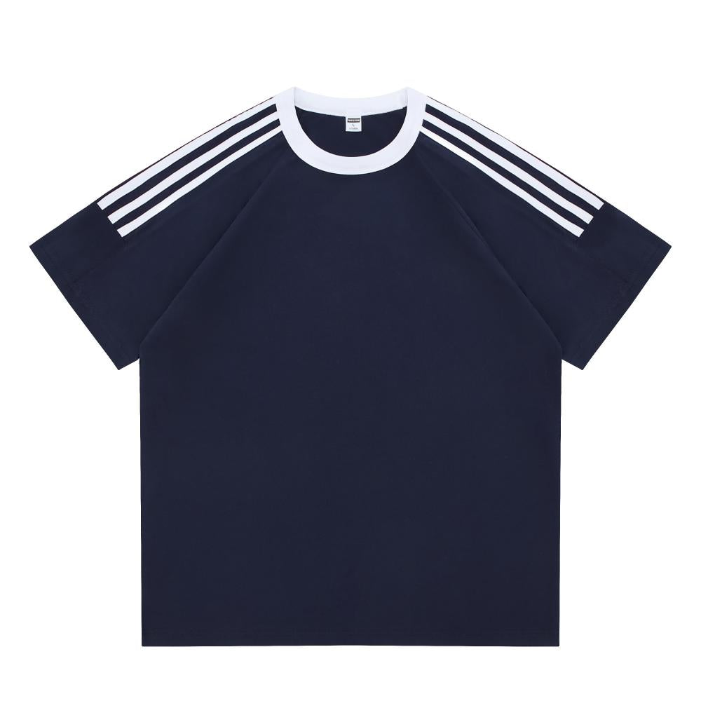 Adult/Child Parent-Child Matching Clothes, Round Neck Short Sleeve 2025 Spring/Summer 200g 00% Pure Cotton Dropped Shoulder Street Trend Three-Bar T-Shirt