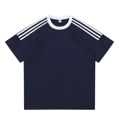Adult/Child Parent-Child Matching Clothes, Round Neck Short Sleeve 2025 Spring/Summer 200g 00% Pure Cotton Dropped Shoulder Street Trend Three-Bar T-Shirt
