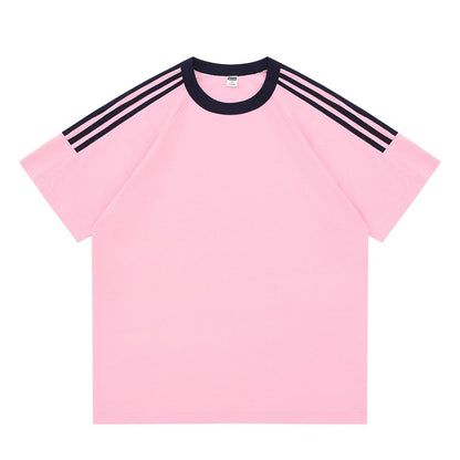 Adult/Child Parent-Child Matching Clothes, Round Neck Short Sleeve 2025 Spring/Summer 200g 00% Pure Cotton Dropped Shoulder Street Trend Three-Bar T-Shirt