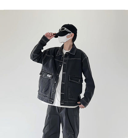 American street fashion trend simple washed denim jacket for men and women retro casual.