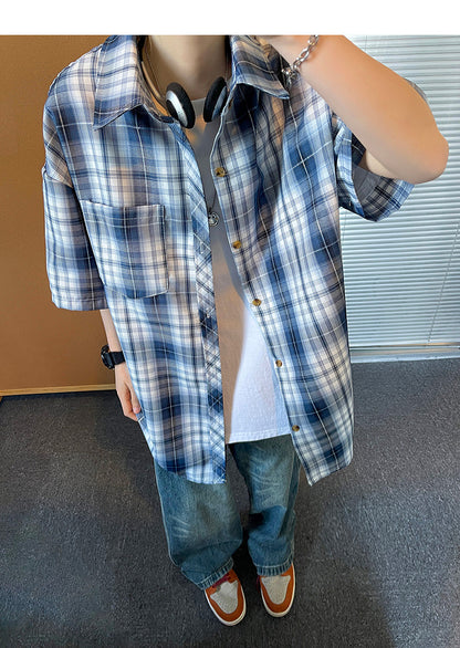 Retro Japanese-style printed short-sleeved plaid shirt for men and women; casual summer loose BF style color-blocking couple's blouse