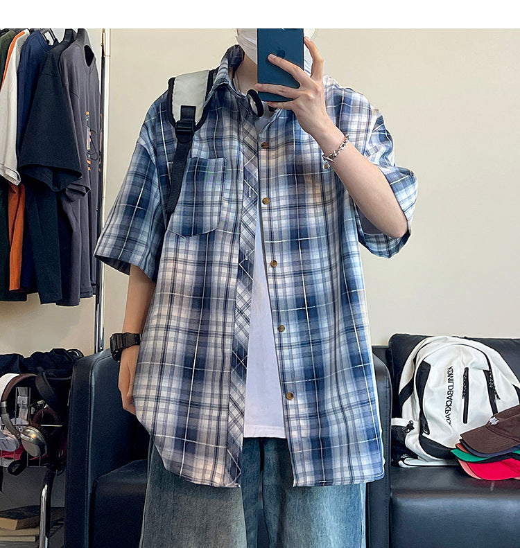 Retro Japanese-style printed short-sleeved plaid shirt for men and women; casual summer loose BF style color-blocking couple's blouse