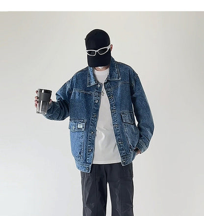 American street fashion trend simple washed denim jacket for men and women retro casual.