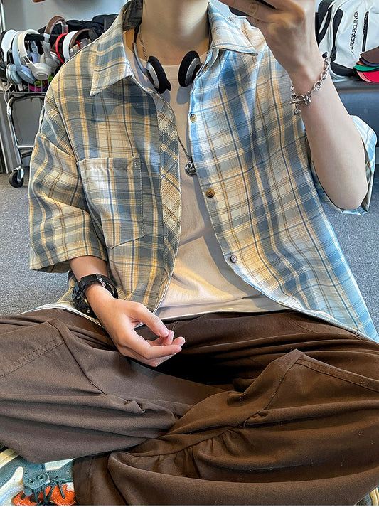 Retro Japanese-style printed short-sleeved plaid shirt for men and women; casual summer loose BF style color-blocking couple's blouse