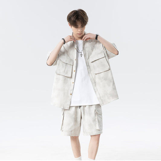 Shazha dye short-sleeved shirt with collar shorts two-piece suit for men, American retro loose casual plus size five-point shorts suit