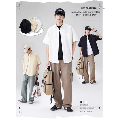 Japanese workwear short-sleeved shirt for men, pure cotton loose mountain style outdoor casual shirt for summer