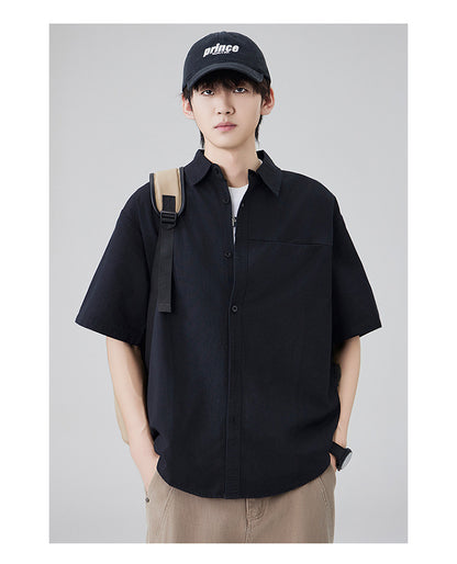 Japanese workwear short-sleeved shirt for men, pure cotton loose mountain style outdoor casual shirt for summer