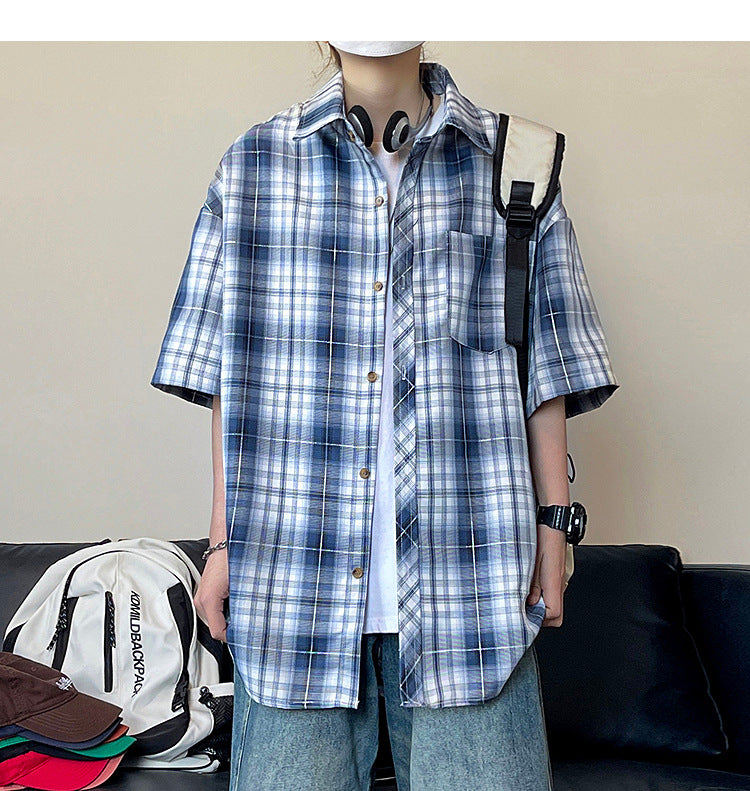 Retro Japanese-style printed short-sleeved plaid shirt for