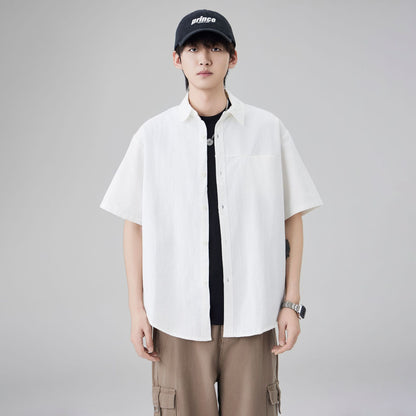 Japanese workwear short-sleeved shirt for men, pure cotton loose mountain style outdoor casual shirt for summer