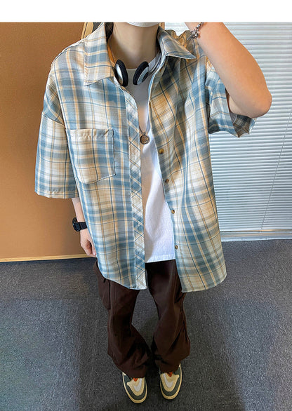 Retro Japanese-style printed short-sleeved plaid shirt for men and women; casual summer loose BF style color-blocking couple's blouse