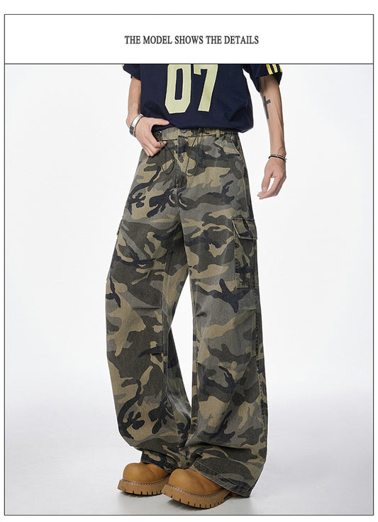 Men's American Vintage Camouflage Work Pants Pure Cotton High Street Hip Hop Loose Straight Leg Floor-Length Draped Casual Pants