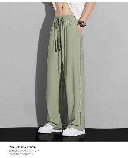Men's summer ice silk trousers, thin breathable straight-leg casual pants, high-elastic quick-dry air conditioning pants sun-proof sports trousers