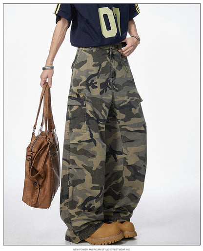 Men's American Vintage Camouflage Work Pants Pure Cotton High Street Hip Hop Loose Straight Leg Floor-Length Draped Casual Pants