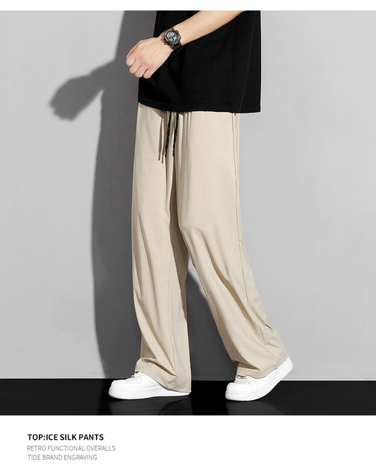 Men's summer ice silk trousers, thin breathable straight-leg casual pants, high-elastic quick-dry air conditioning pants sun-proof sports trousers